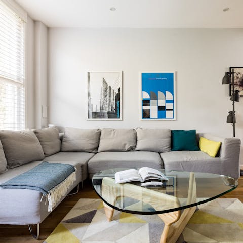 Curl up on the comfortable L-shaped couch at the end of a busy day