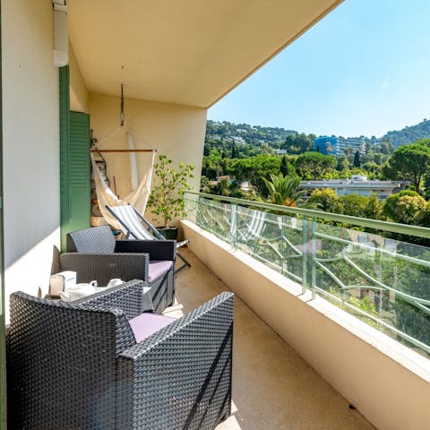 Enjoy a morning cup of coffee, or relax in the hammock on the balcony