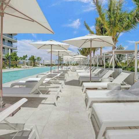 Relax by the shared swimming pool surrounded by palm trees