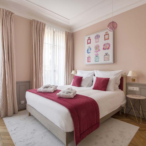 Wake up in the elegantly dressed bed feeling rested and ready for another day of Paris sightseeing