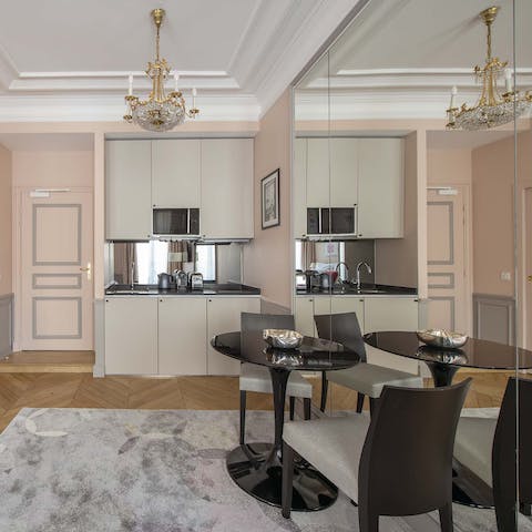 Start mornings with fresh coffee and croissants at the chic dining space