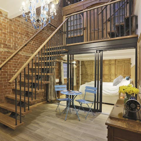 Take in the original features and curios such as the old sewing machine and chandelier