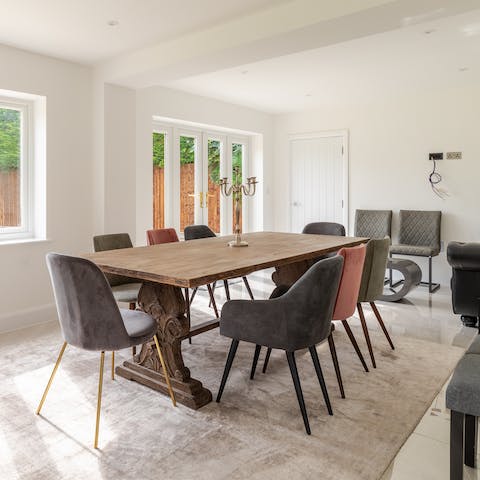 Gather the group at the long dining table