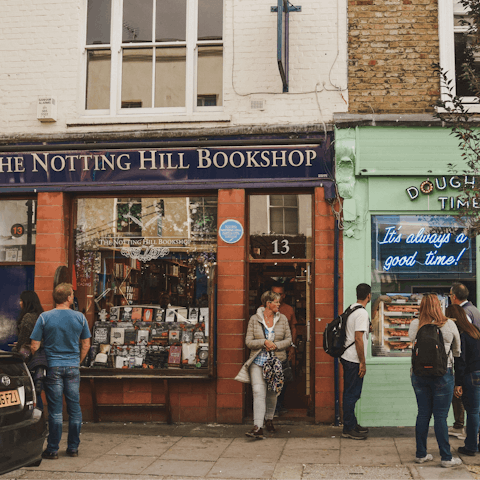 Explore book shops and coffee shops in Notting Hill, ten-minute walk away