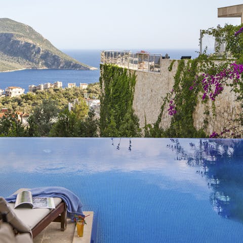 Sea and village views framed by a vine covered wall from the infinity pool