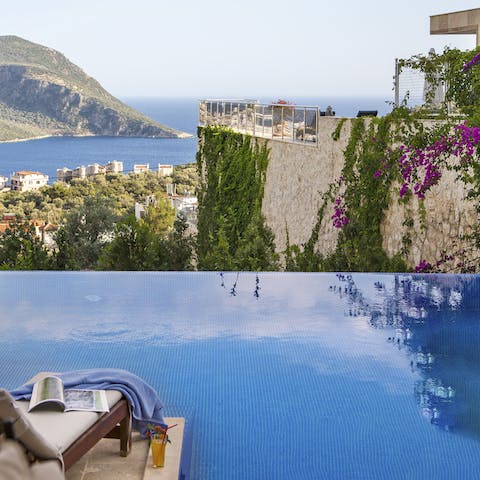 Sea and village views framed by a vine covered wall from the infinity pool