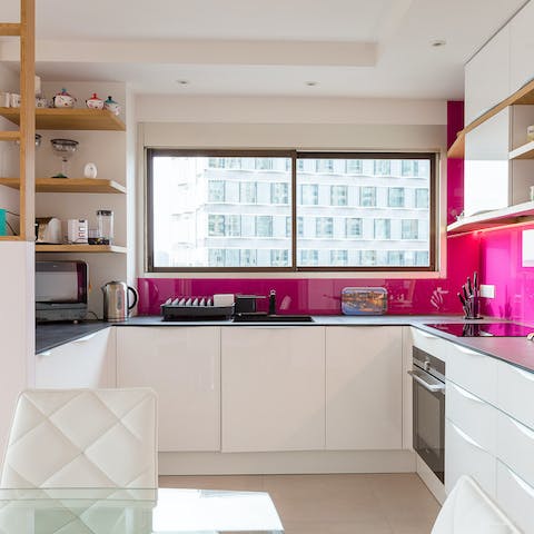 Cook in the sleek, modern kitchen