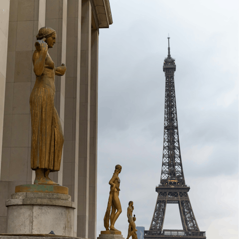 Admire iconic views at Place du Trocadéro, a fifteen-minute walk away