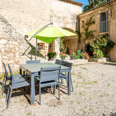 Tuck into steak frites on summer evenings at your alfresco dining table