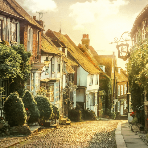 Wander cobbled streets and old pubs in Rye, ten-minute drive away