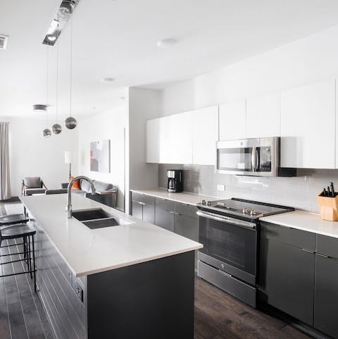 Prepare home cooked meals in the well-equipped kitchen