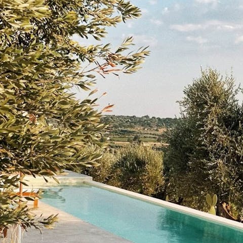 Float in the infinity pool with nothing but olive trees and open skies
