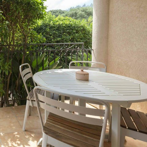Enjoy a morning coffee on the shaded terrace