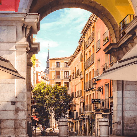 Stroll fourteen minutes to Plaza Mayor for a glass of wine
