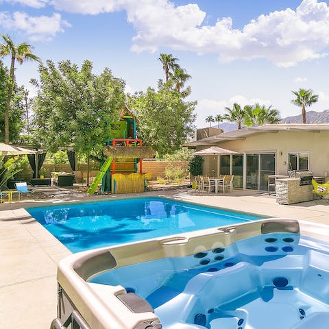 Take a dip in the pool or soak up the sun in the hot tub