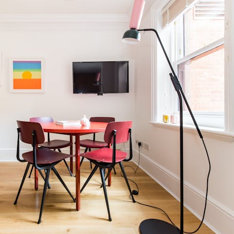 Catch up on emails from the laptop-friendly dining area