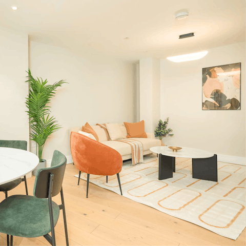 Relax on the peach-coloured sofa when you’re not out exploring