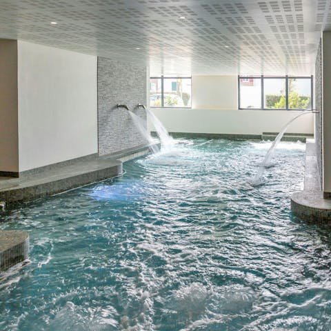 Unwind in the indoor heated angular pool