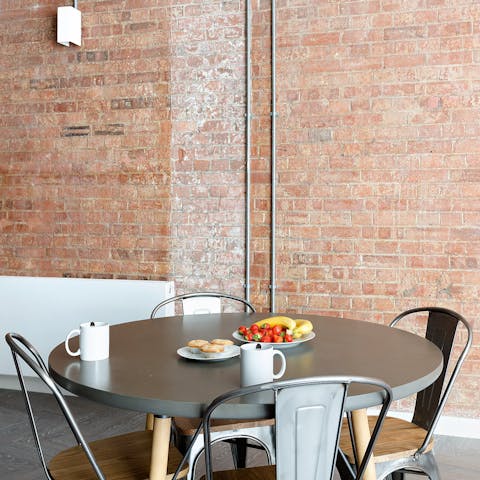 Invite a friend or two over for dinner and catch up in the bright dining area