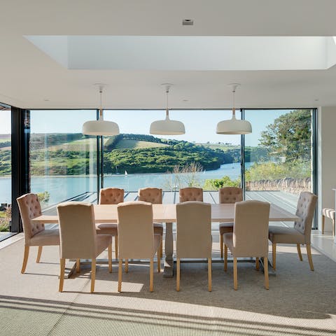 Gather together in the dining room for sociable suppers overlooking the River Avon