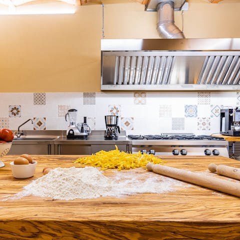 Try your hand at making fresh pasta on the table in the kitchen