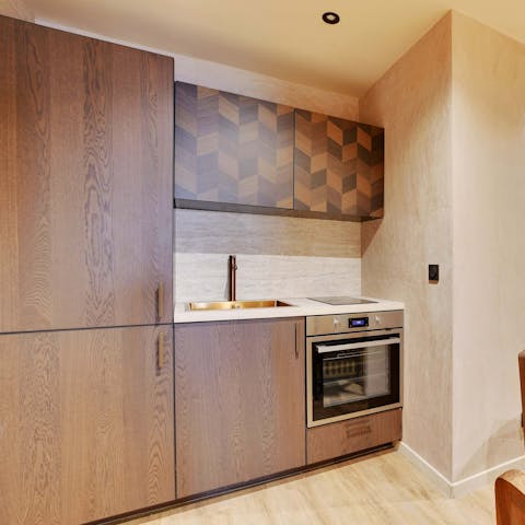 Cook in the sleek kitchen or dine out in a nearby bistro