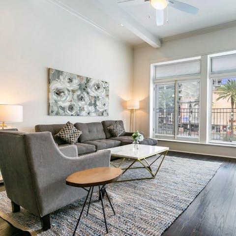 Kick back in the bright living room after a day of New Orleans sightseeing