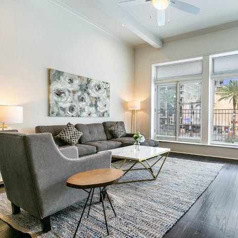 Kick back in the bright living room after a day of New Orleans sightseeing