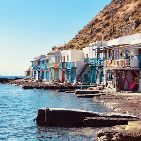 Visit the fishing village of Klima Beach, 1.5km away