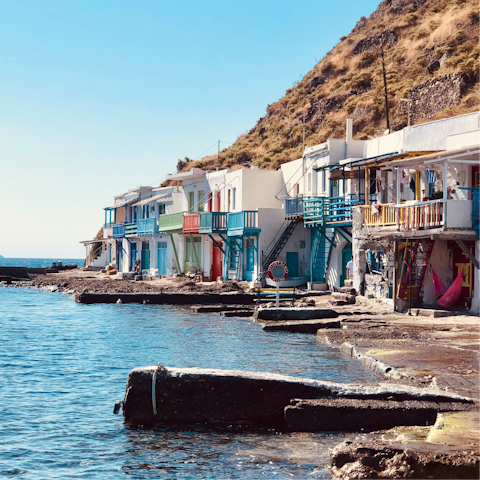 Visit the fishing village of Klima Beach, 1.5km away