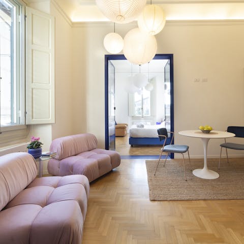 Dine or unwind in the light-filled living room