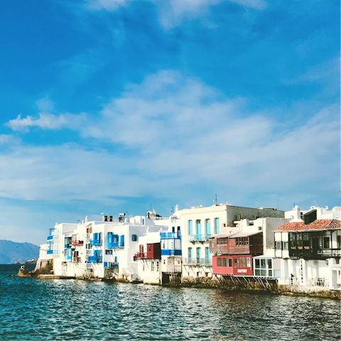 Dine on meze on the seafront in Mykonos Town – it's a fifteen-minute drive