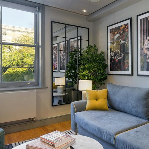 Admire views over Bloomsbury Square from the living space