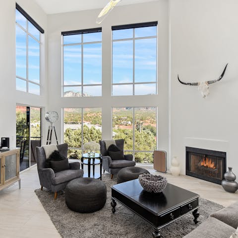 Recline in the sleek living space before driving into Sedona for dinner