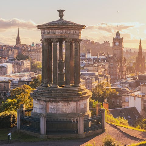 Climb to the top of Calton Hill – a fourteen-minute walk away – for beautiful sunset views over Edinburgh