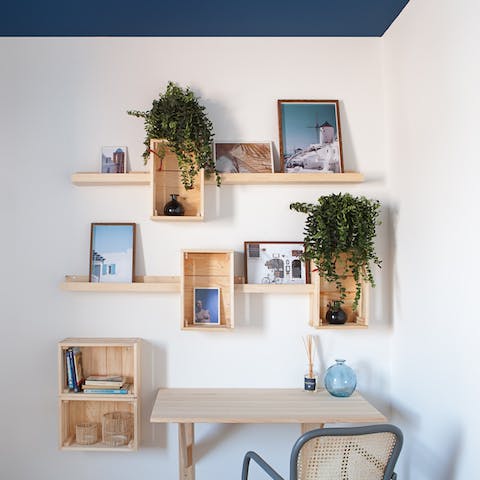 Get a little work done at the desk in the bedroom, or the workspace in the living room