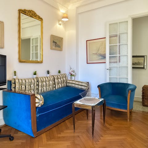 Relax on the plush velvet furniture