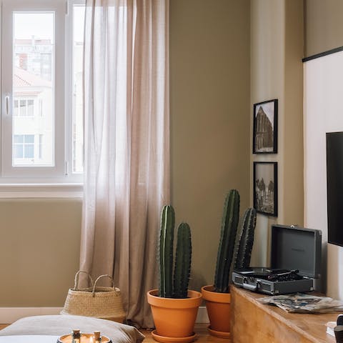 Listen to relaxing music on the record player as you sip your morning coffee