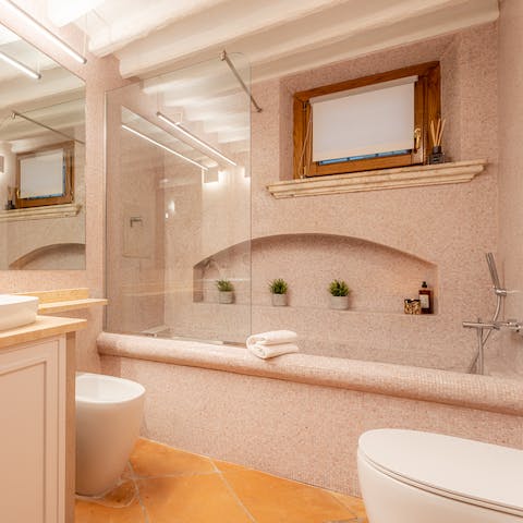 Finish evenings off with a long soak in the large tiled tub