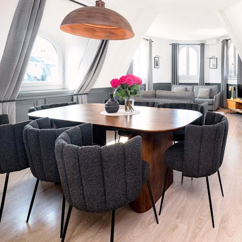 Plan out your days at the big wooden dining table