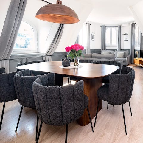 Plan out your days at the big wooden dining table