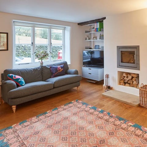 Snuggle up by the home's wood-burning fireplace