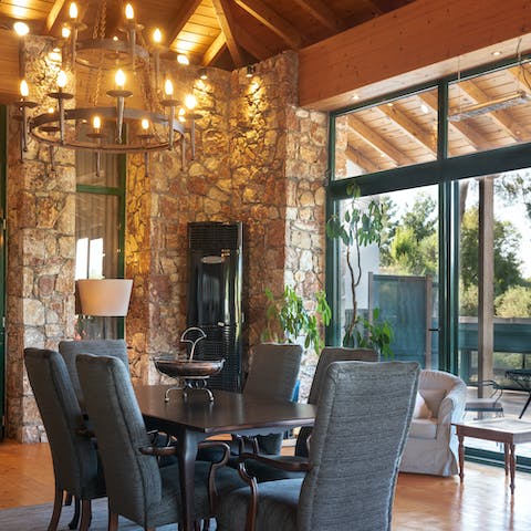 Enjoy meals together under the vaulted ceilings and chandelier