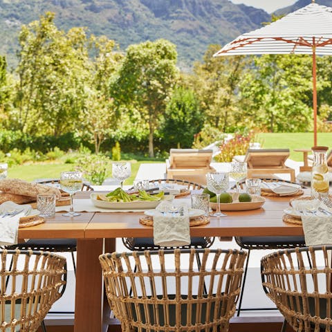 Settle down on the patio to relax with wine and nibbles