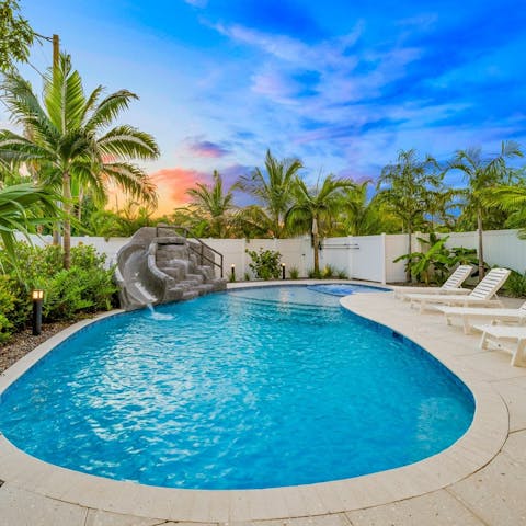 Enjoy the waterslide and jets in the saltwater pool