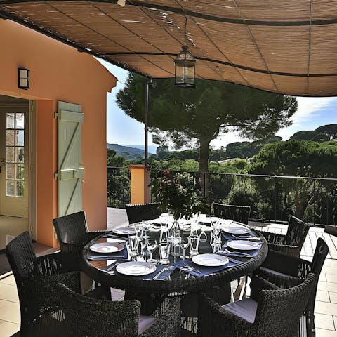 Take in the glimpses of the sparkling Mediterranean Sea from the dining terrace