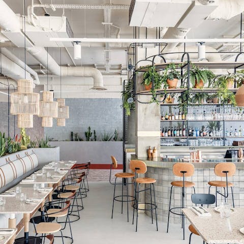 Fuel up at the bar and restaurant downstairs