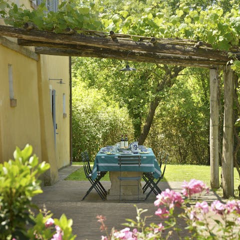 Dine alfresco under the dappled shade of the pergola