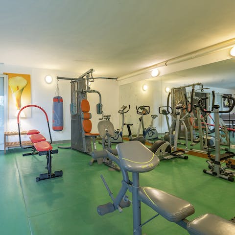 Work up a sweat at the on-site gym, complete with ping pong table