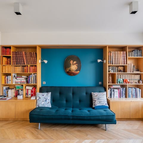 Peruse the stacked book shelves over a café au lait